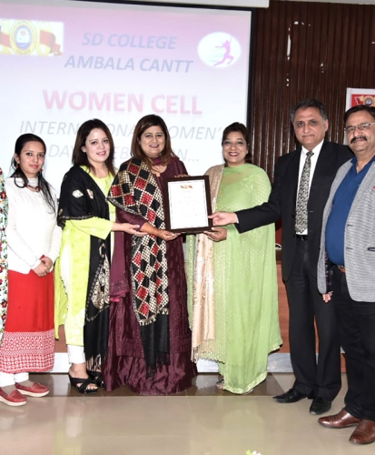 Presented with "Appreciation Certificate" by S.D. College, Ambala for her commendable social work